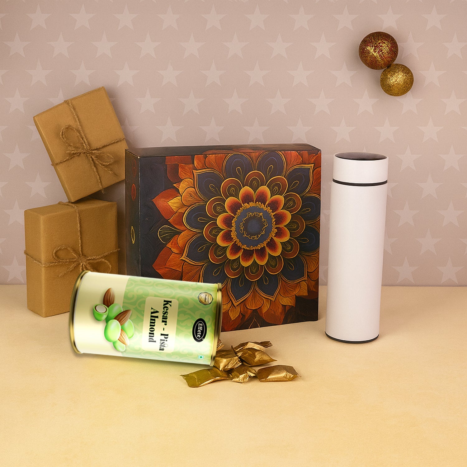 Effete Kesar Pista Almonds Gift Hamper, Golden With Bottle (2 Pc Set) Effete Kesar Pista Almonds Gift Hamper, Golden With Bottle (2 Pc Set)